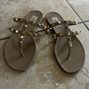 Valentino Garavani Taupe Jelly Rockstud Thong Sandals with Gold Studs